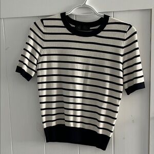 Zara Black and Cream Striped Short Sleeve Top